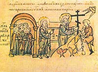 Водружение креста Апостолом Андреем на киевских горах. Миниатюра Радзивилловской летописи. 